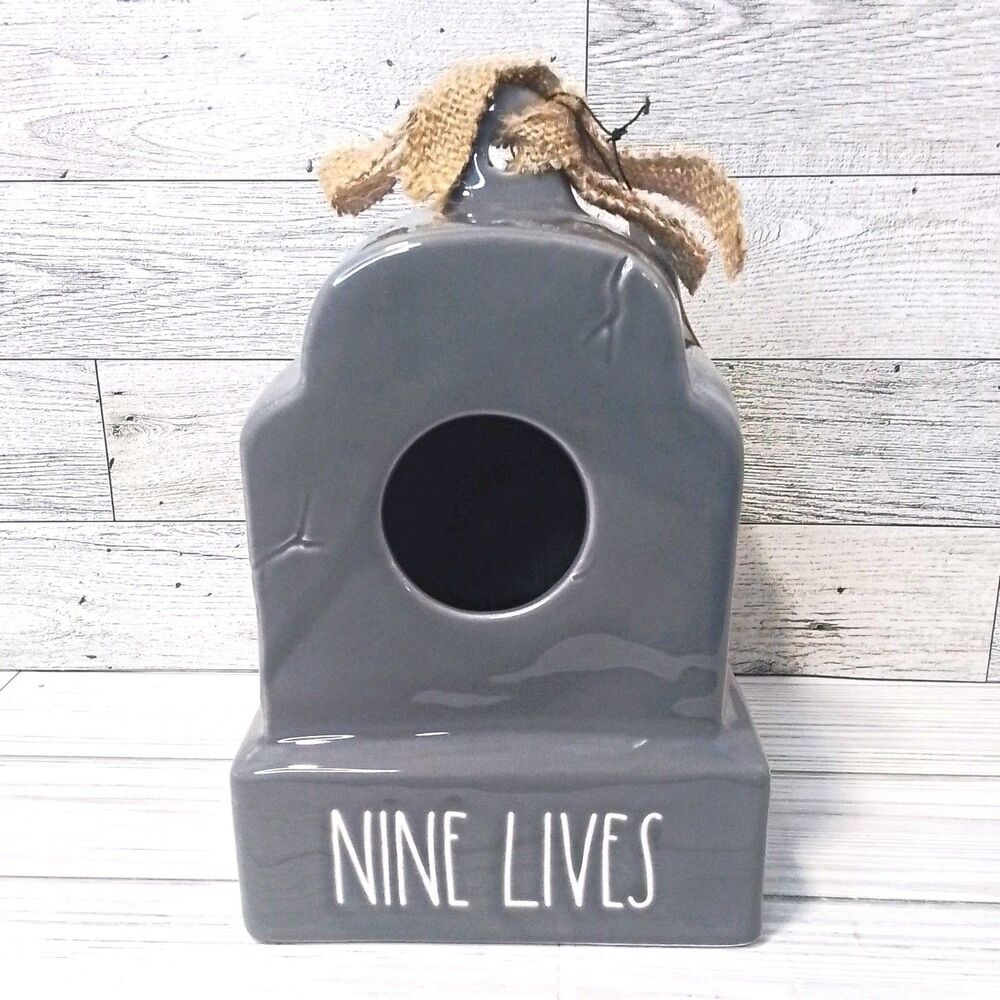 Rae Dunn Ceramic Hanging Bird House Gray "Nine Lives" w/ Hanging Loop